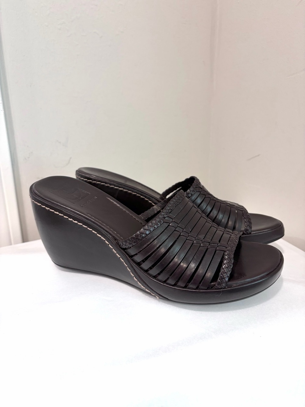 Cole Haan Open Toe Woven Strap Leather Wedge Heel
